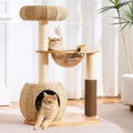 Solid wood and rattan cat tower with wicker bed and capsule perch