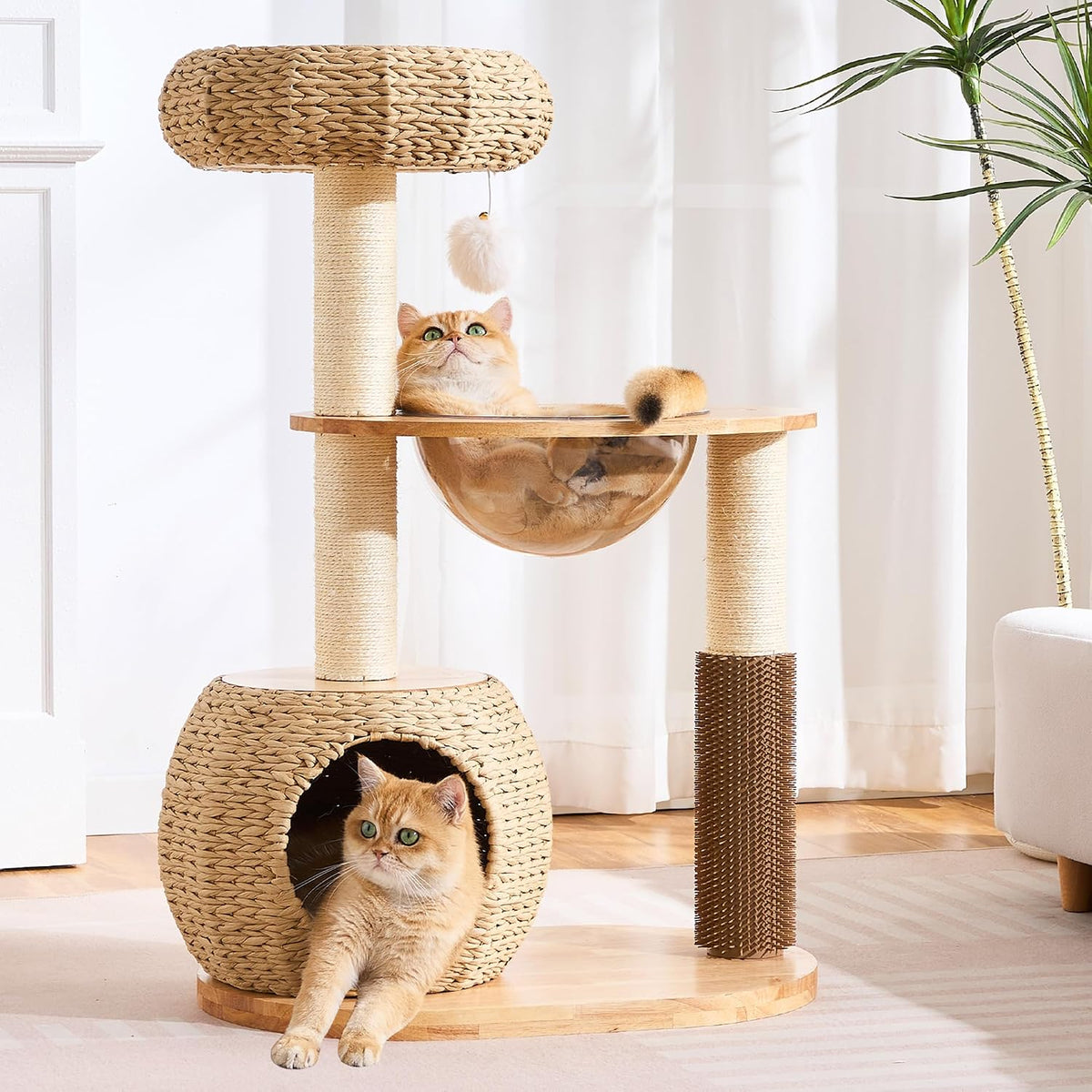 Solid wood and rattan cat tower with wicker bed and capsule perch