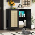 Black wooden litter box enclosure with shelf and sisal scratcher mats