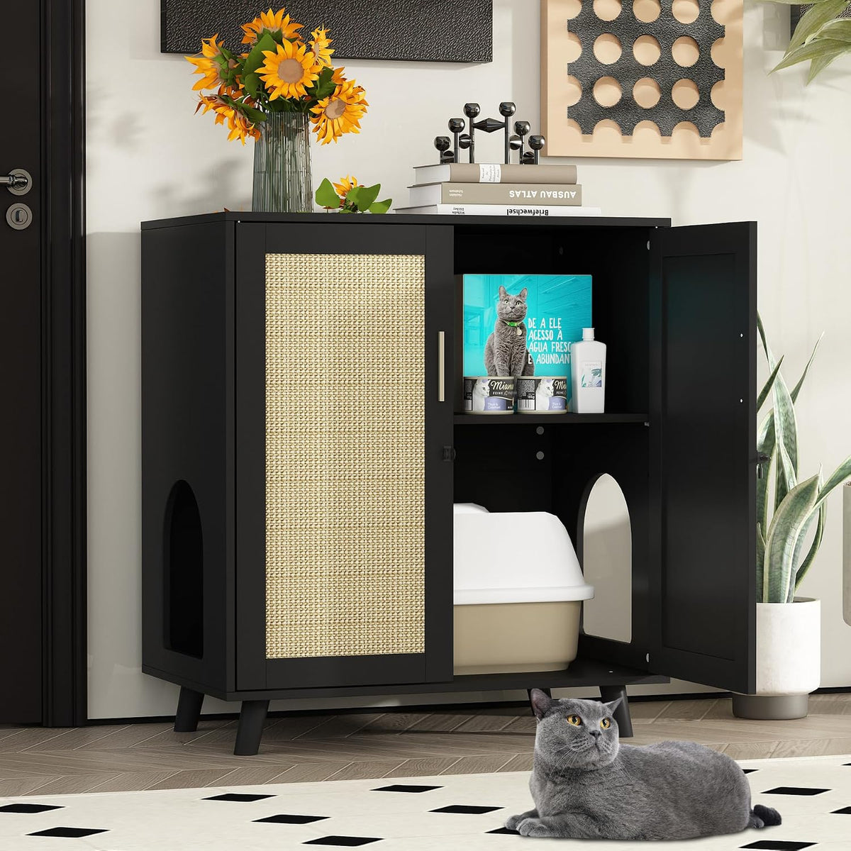 Black wooden litter box enclosure with shelf and sisal scratcher mats