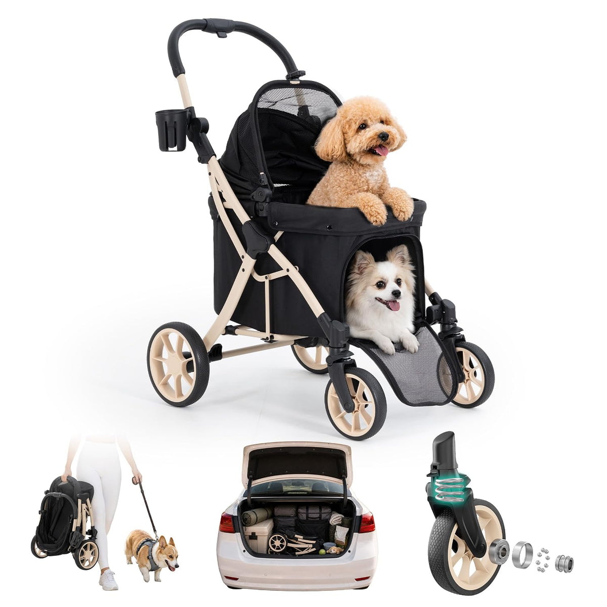 Gray lightweight aluminum dog stroller with low entry door and rubber wheels – view 2