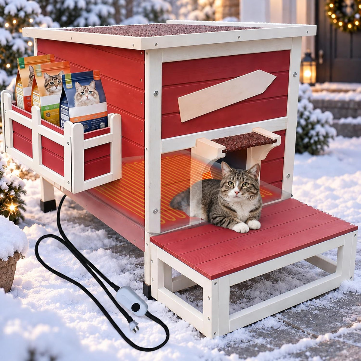 Blue weatherproof wooden outdoor cat shelter with escape door – view 5