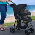 Cheetah print pet stroller with latch entry and basket
