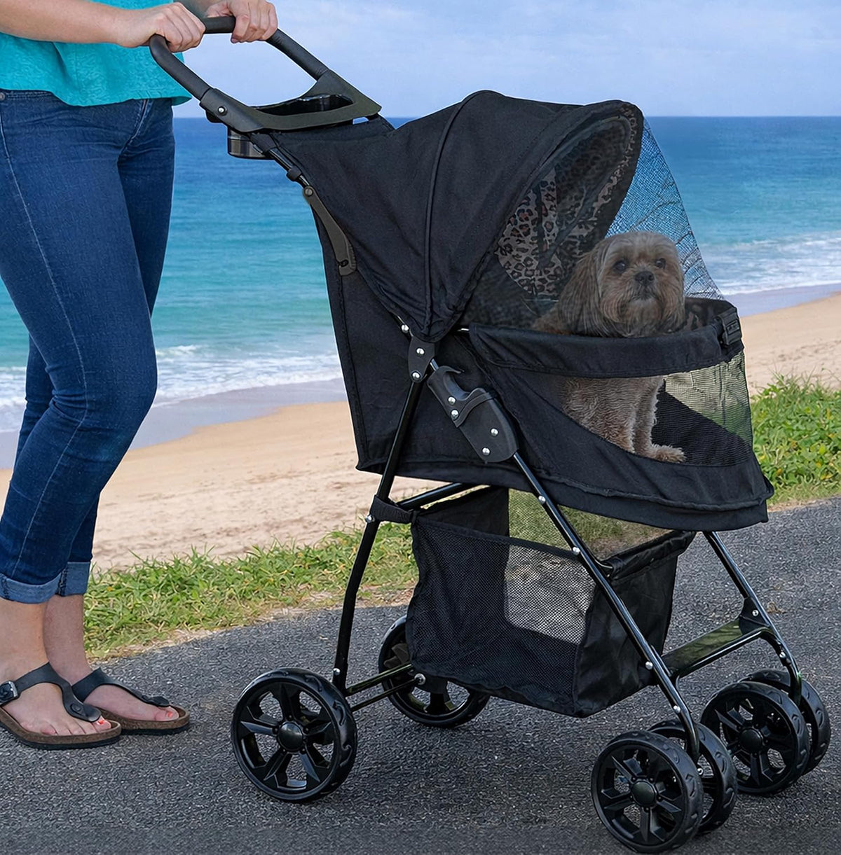 Folding pet stroller with zipperless entry, storage basket and cup holder – view 2