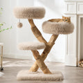 38 inch natural wood cat tree with branch posts and faux fur beds