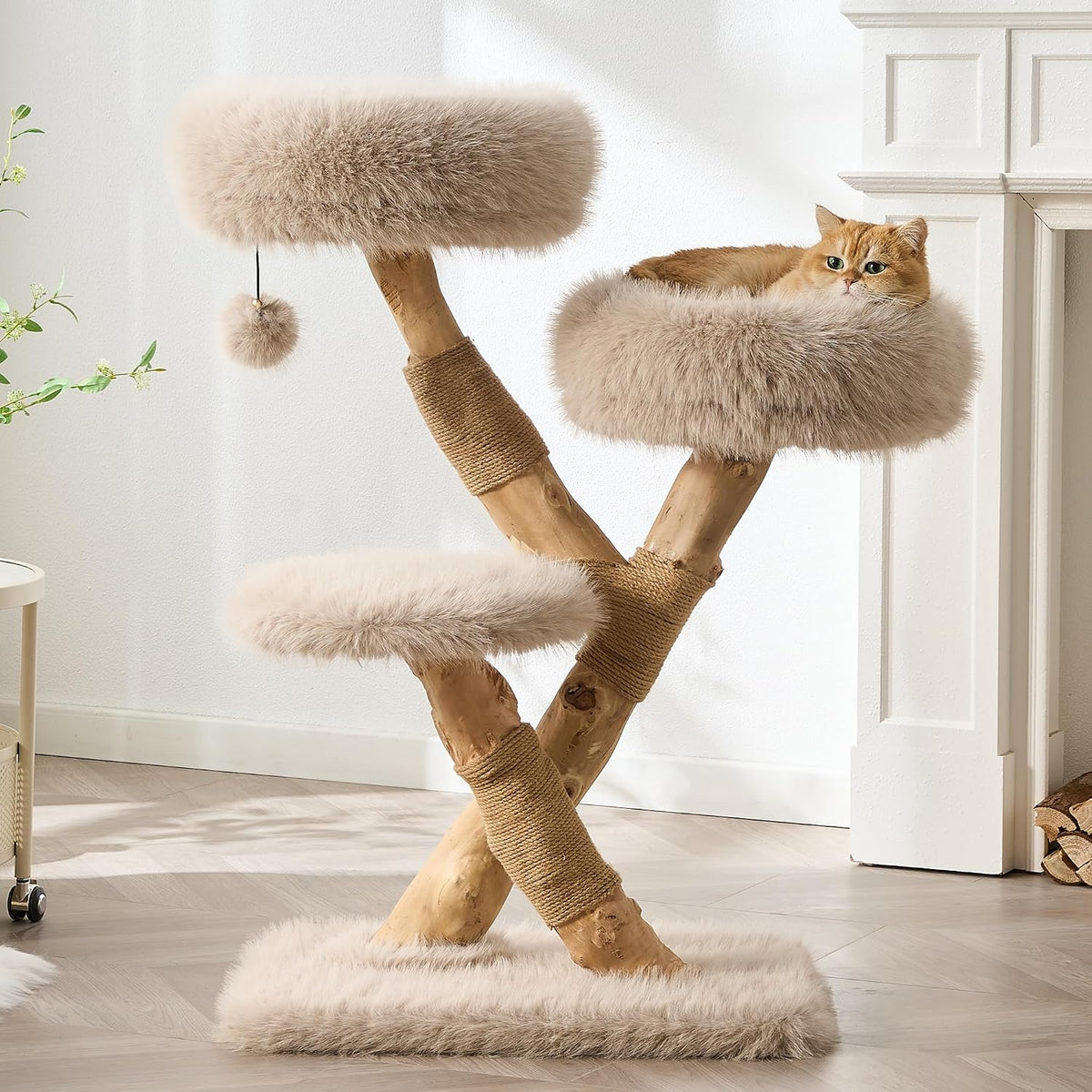 38 inch natural wood cat tree with branch posts and faux fur beds