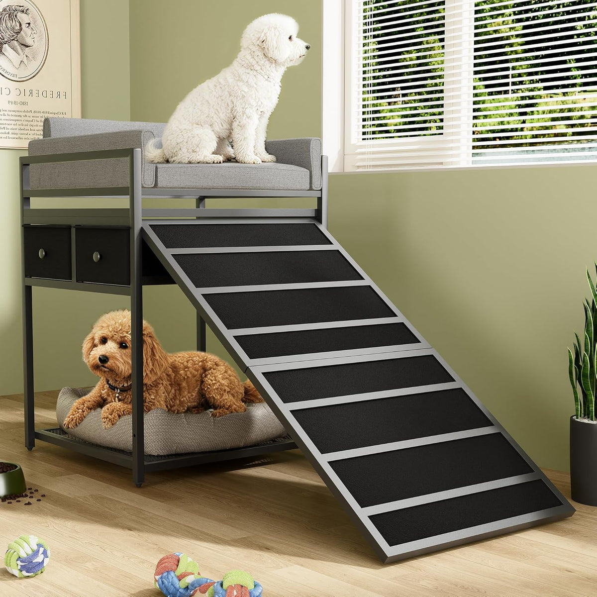 Dog window perch sofa with stairs and storage drawers