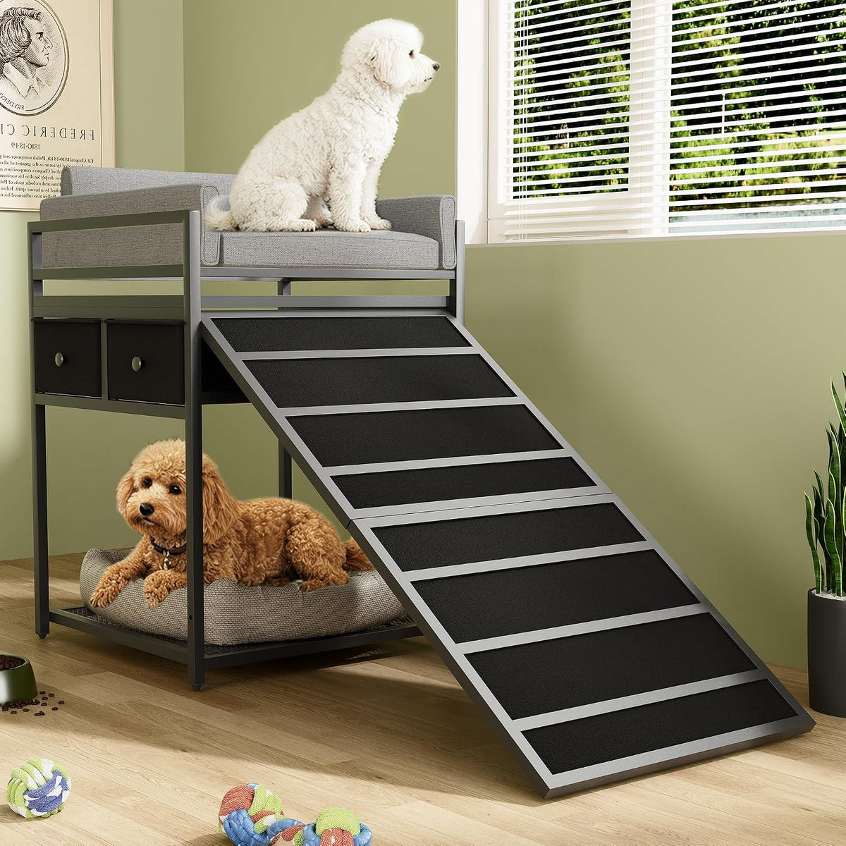 Gray two-tier dog bunk bed with cushioned top and folding ramp