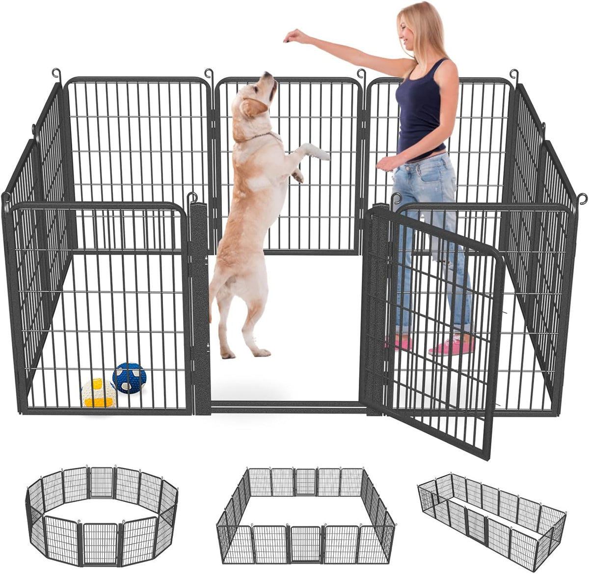Ten-panel 32 inch metal dog playpen with gate set up in a yard