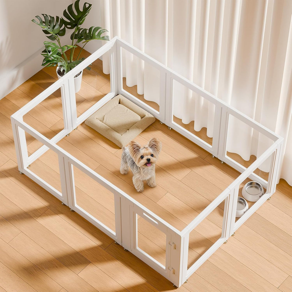 Clear acrylic ten-panel puppy playpen set up indoors on a wood floor