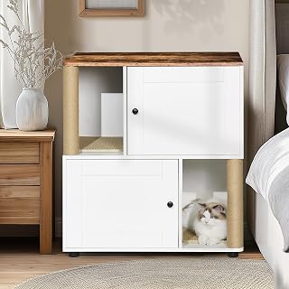 Double Cat Litter Box Enclosure with Shelf for 2 Cats, White and Vintage