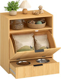 Oak finish dog feeding station with two elevated bowls and storage