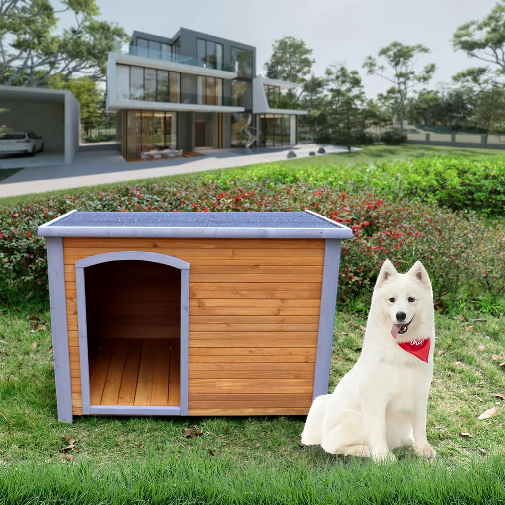 45 inch wooden dog house with gray PVC roof, ventilation window and raised feet – view 4