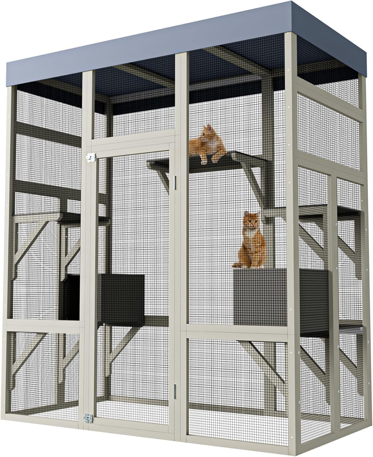Large wooden outdoor catio enclosure with roof and platforms – view 2
