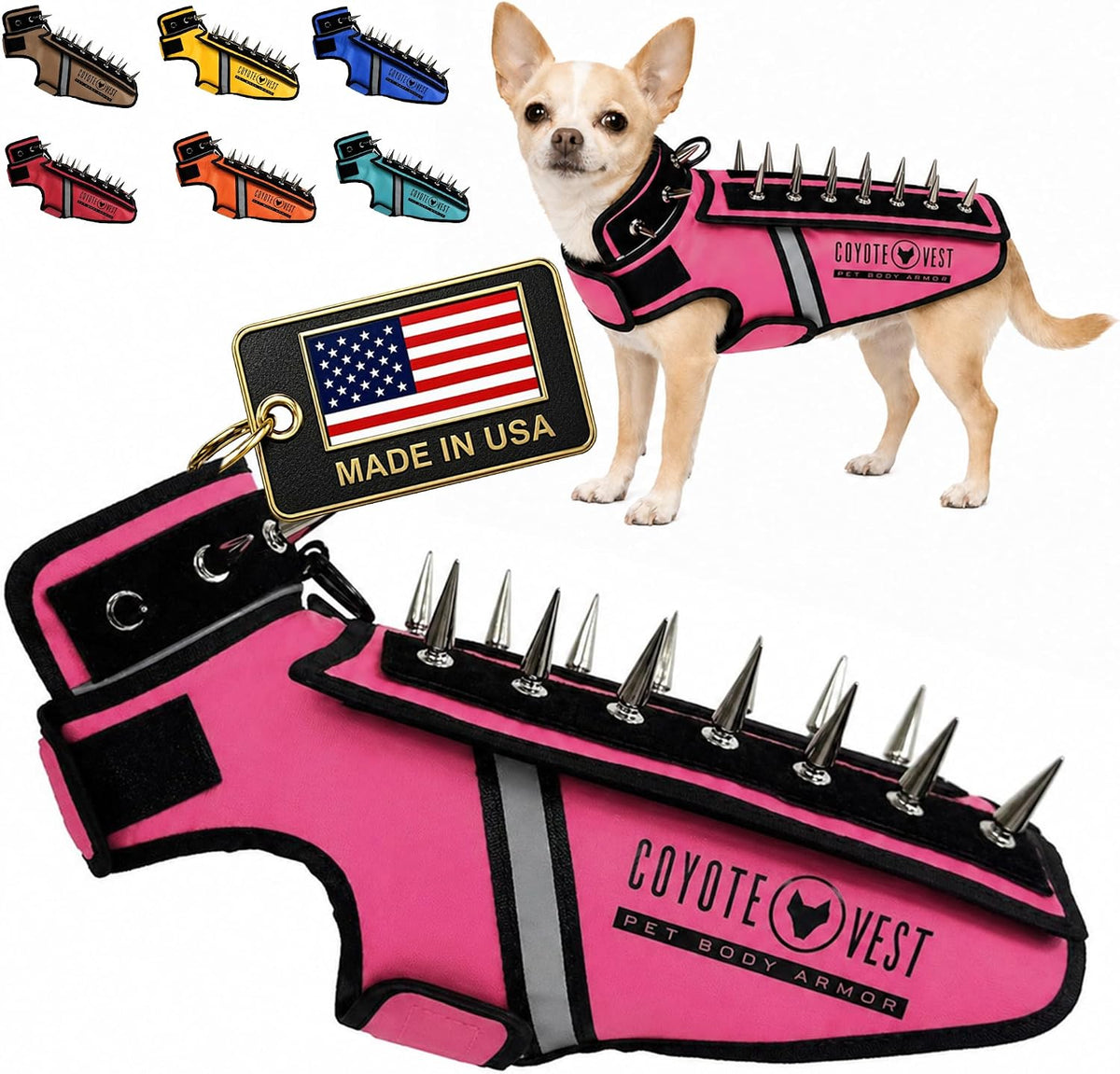 Fluorescent orange stab-resistant small dog harness vest with spike add-on – view 2