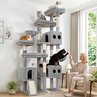 82 Inch Extra Large Heavy Duty Cat Tree for Big Cats and Maine Coons, 3 Condos, 2 Hammocks, S82D, Light Grey