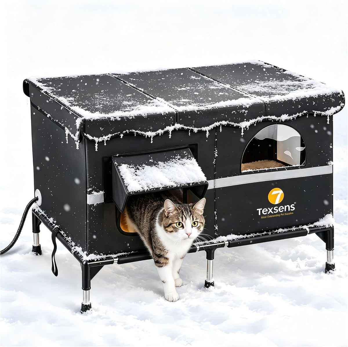 Elevated heated outdoor cat shelter with stainless steel frame and front window