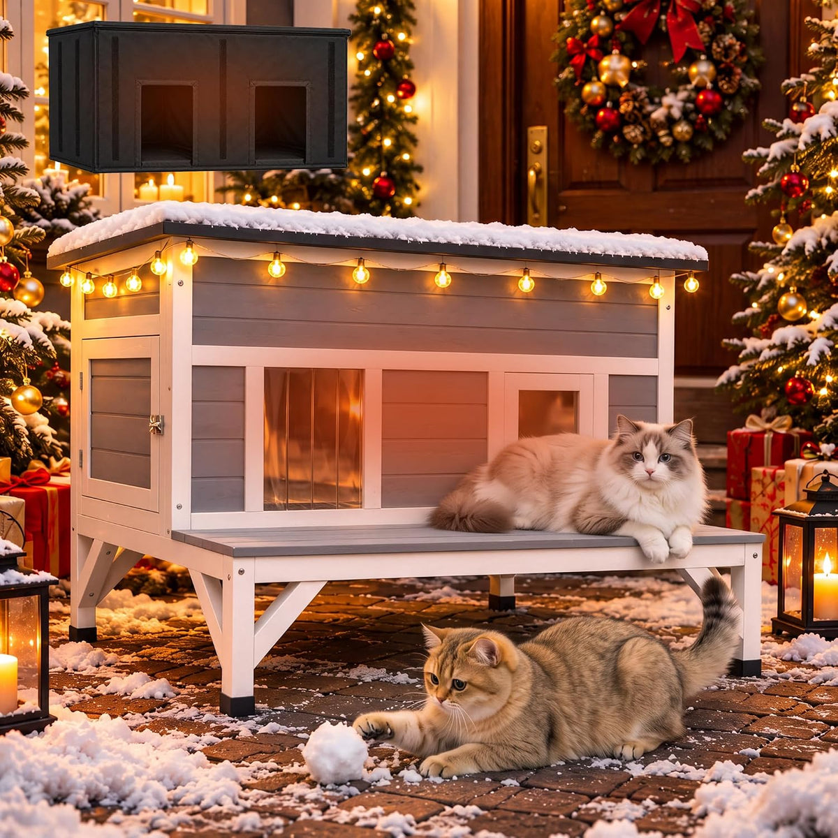 Weatherproof wooden outdoor cat house with insulated liner
