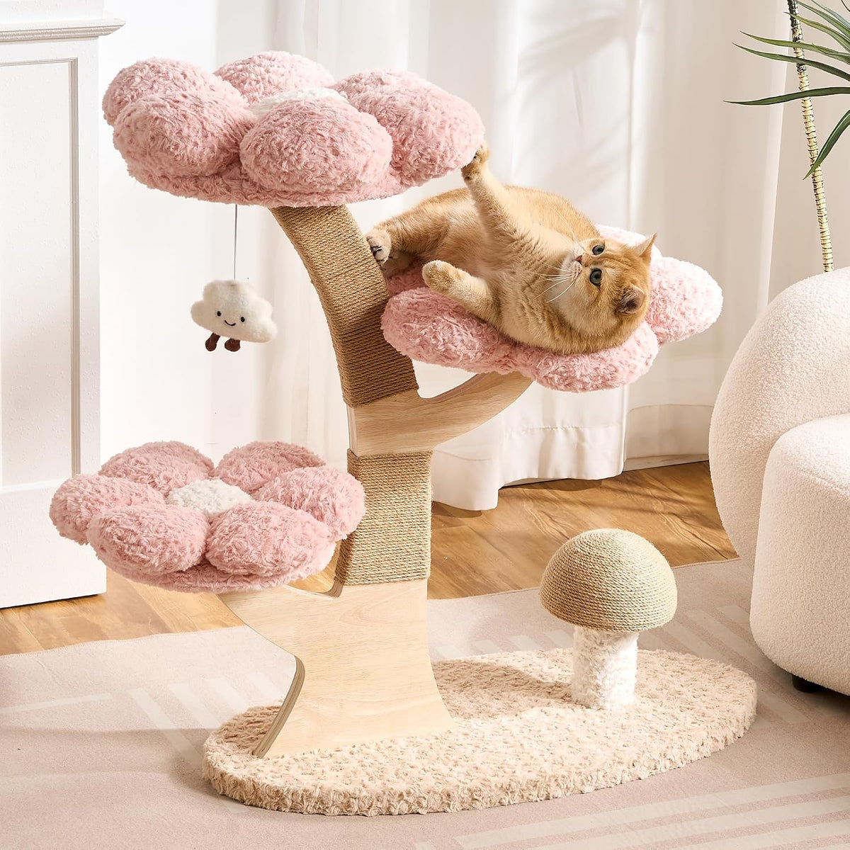 White 48 inch flower cat tree with wood branches and cloud perches – view 9