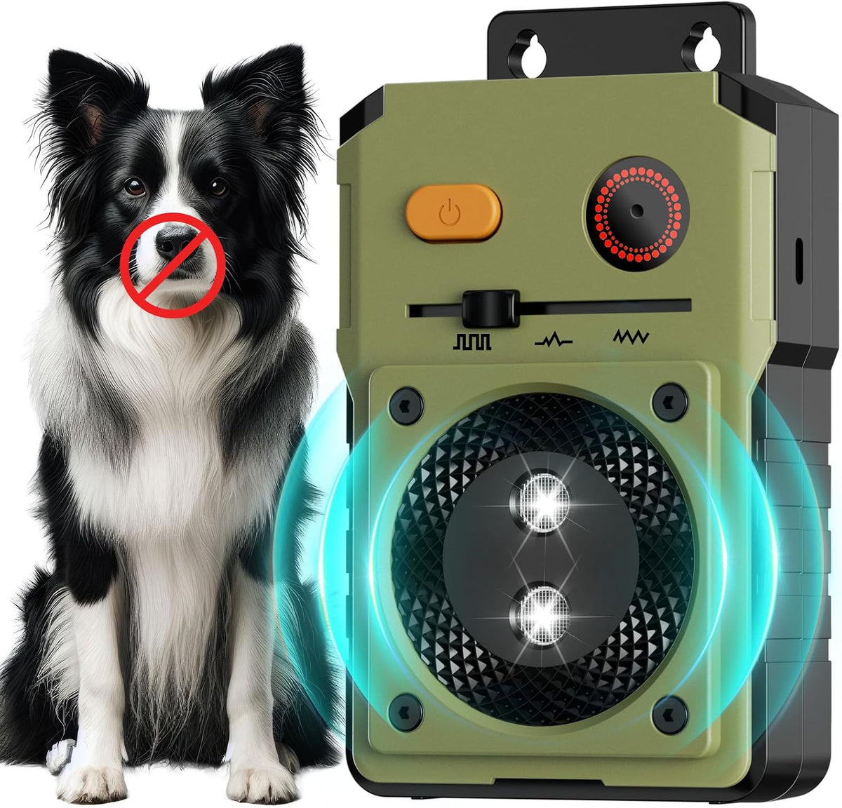Green rechargeable ultrasonic bark control box mounted outdoors