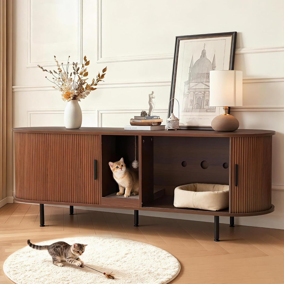 Brown fluted litter box enclosure cabinet with sliding door used as a TV stand