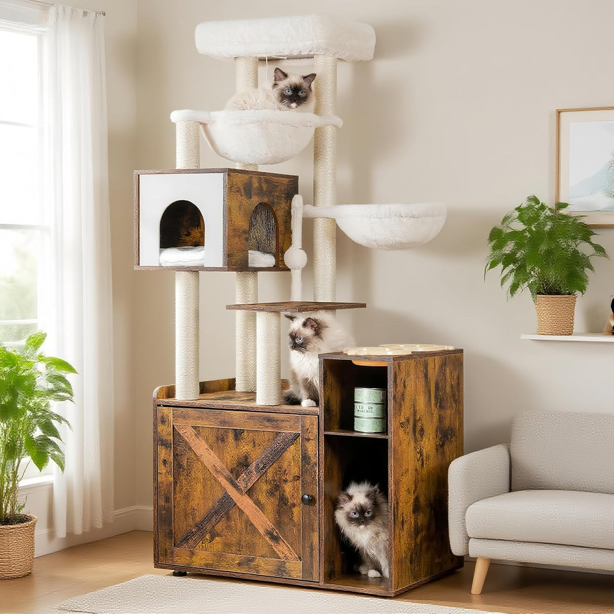 Rustic brown cat tree with litter box cabinet, feeding platform and hammocks