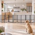 Black 40 inch freestanding steel dog gate fence with eight panels and door