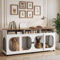White double dog crate furniture with oak top, drawers and wheels – view 2