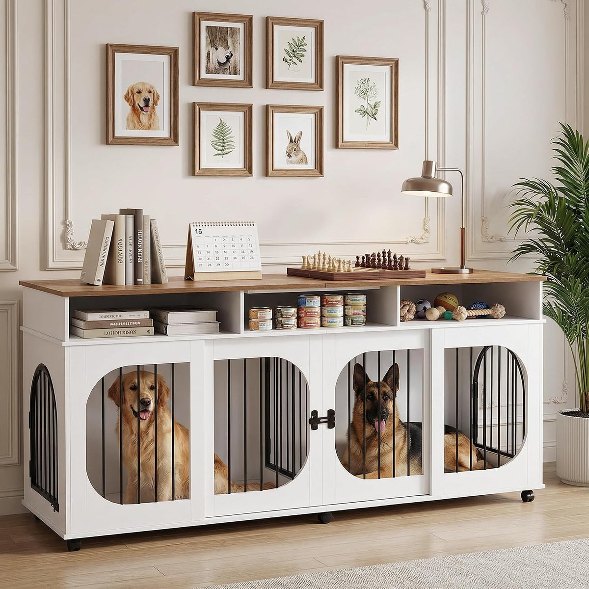 White double dog crate furniture with oak top, drawers and wheels – view 2