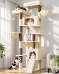82 inch beige cat tree tower with two oversized perches, condos and hammock