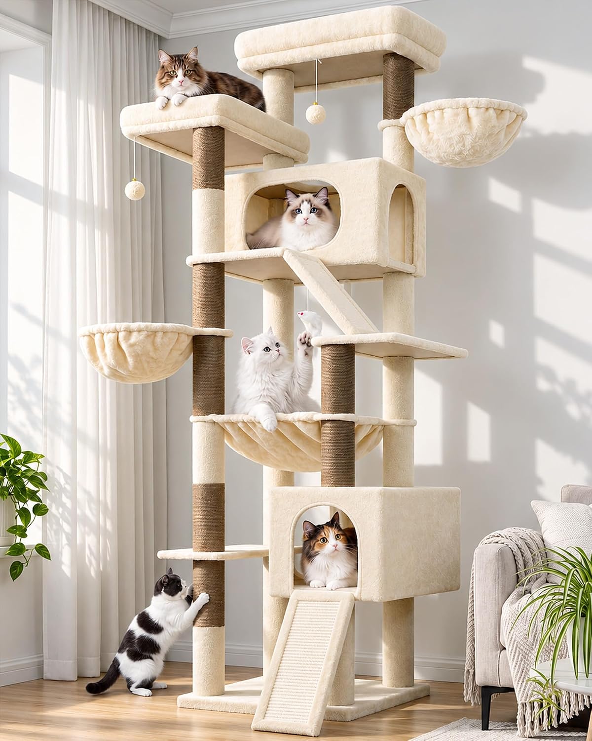 82 inch beige cat tree tower with two oversized perches, condos and hammock