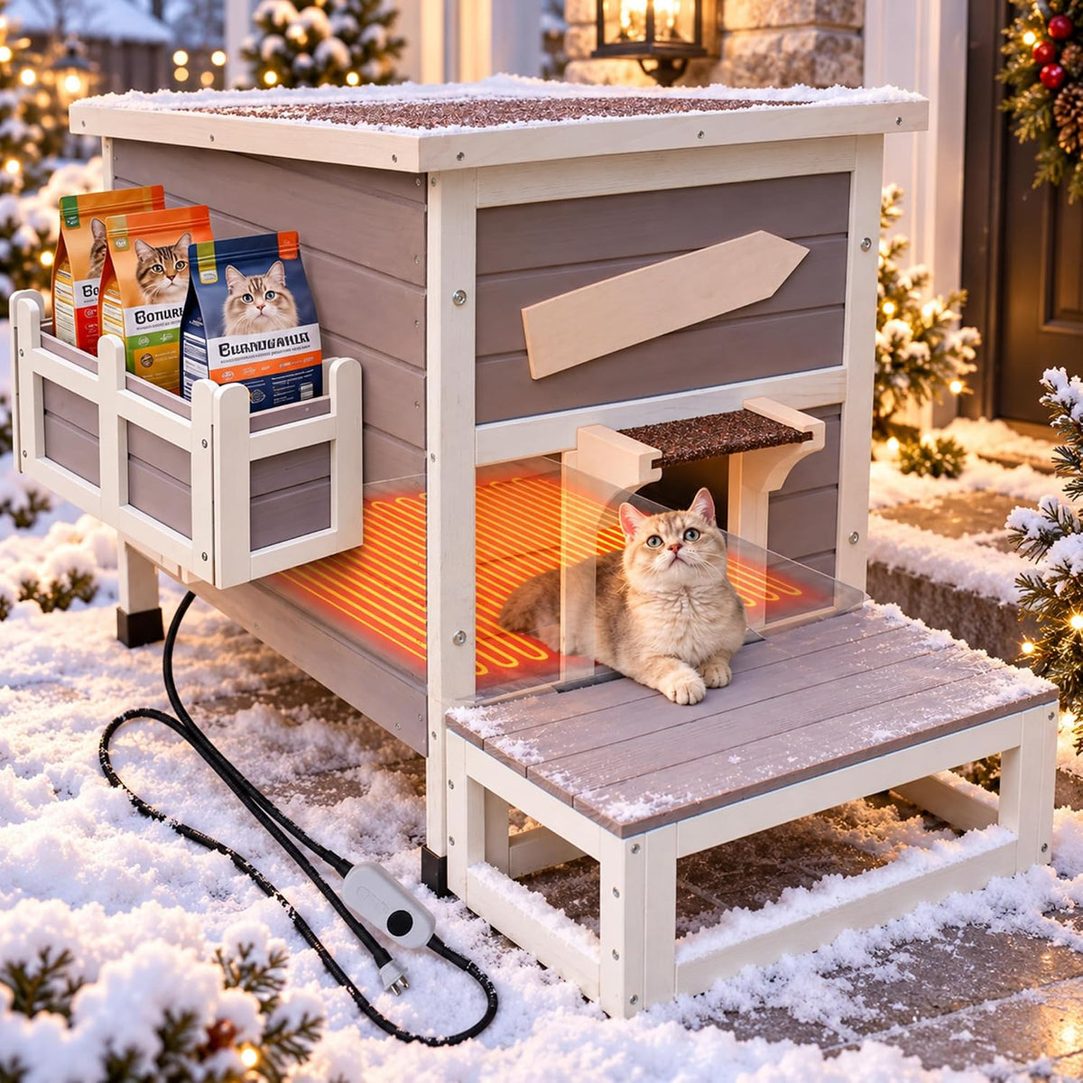 Blue weatherproof wooden outdoor cat shelter with escape door – view 2