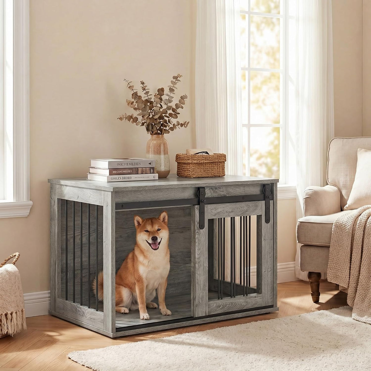 Farmhouse wooden dog crate end table with sliding door and metal frame