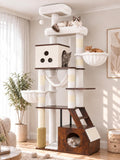 Rustic brown 75 inch wooden cat tree with loft condo and baskets