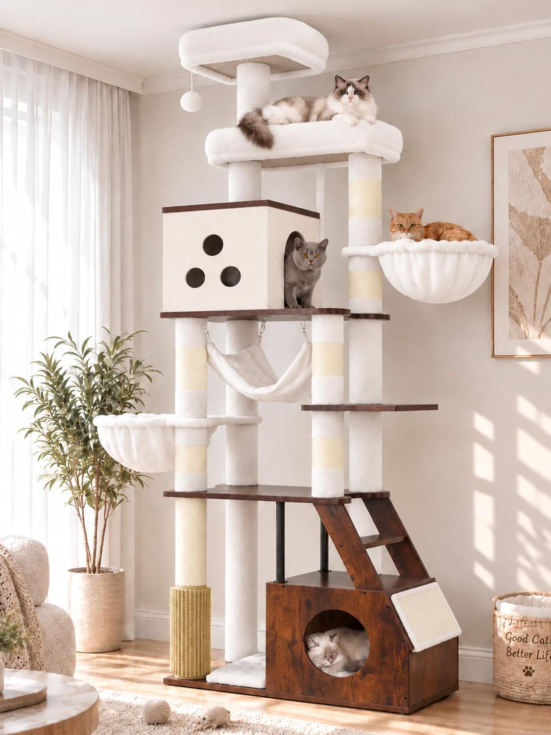 Rustic brown 75 inch wooden cat tree with loft condo and baskets