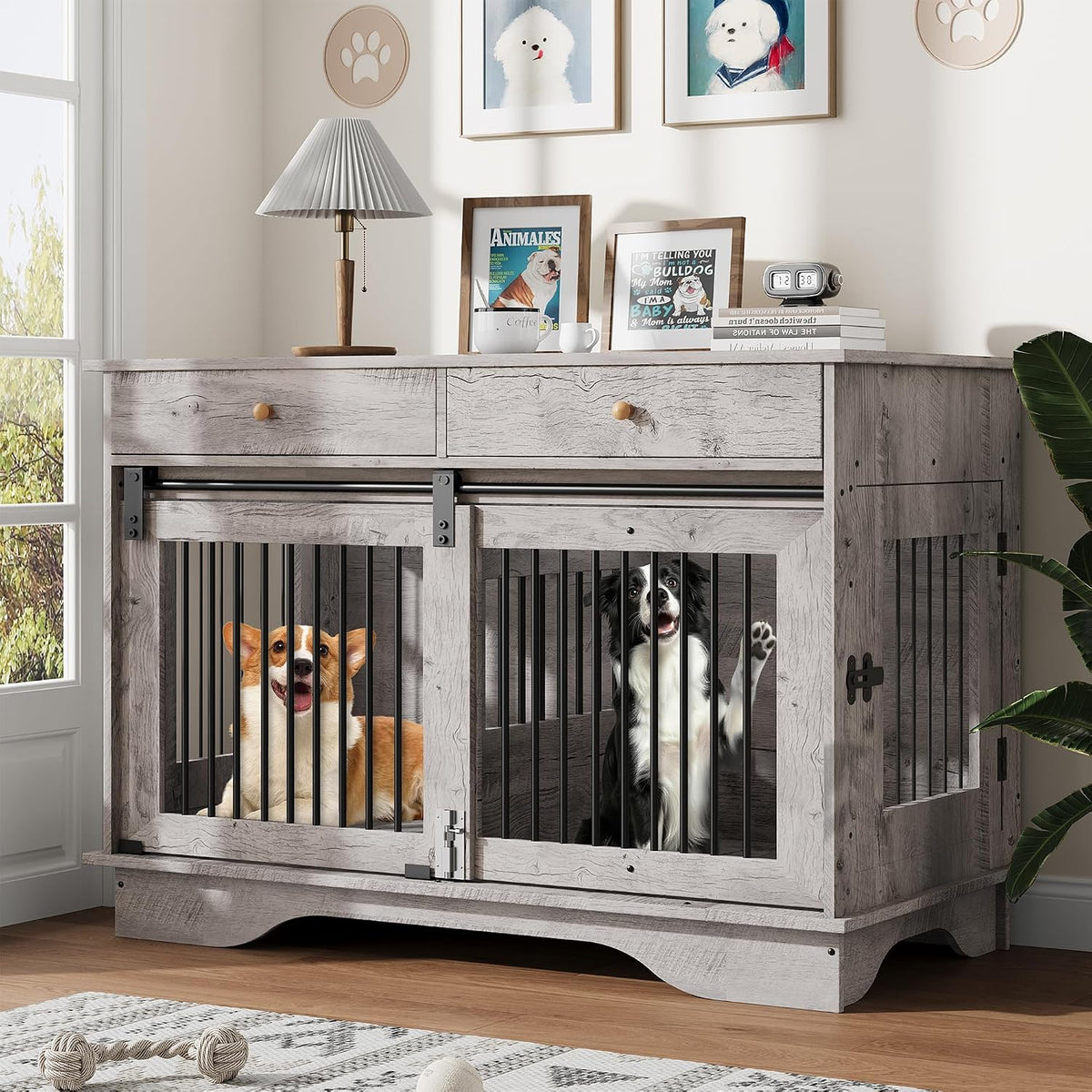 White double dog crate furniture with center divider and two drawers