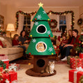59 inch holiday cat tree with three condos and a hanging teaser toy