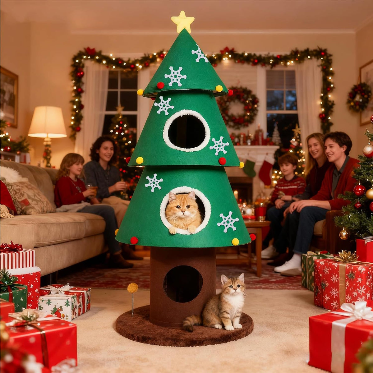 59 inch holiday cat tree with three condos and a hanging teaser toy