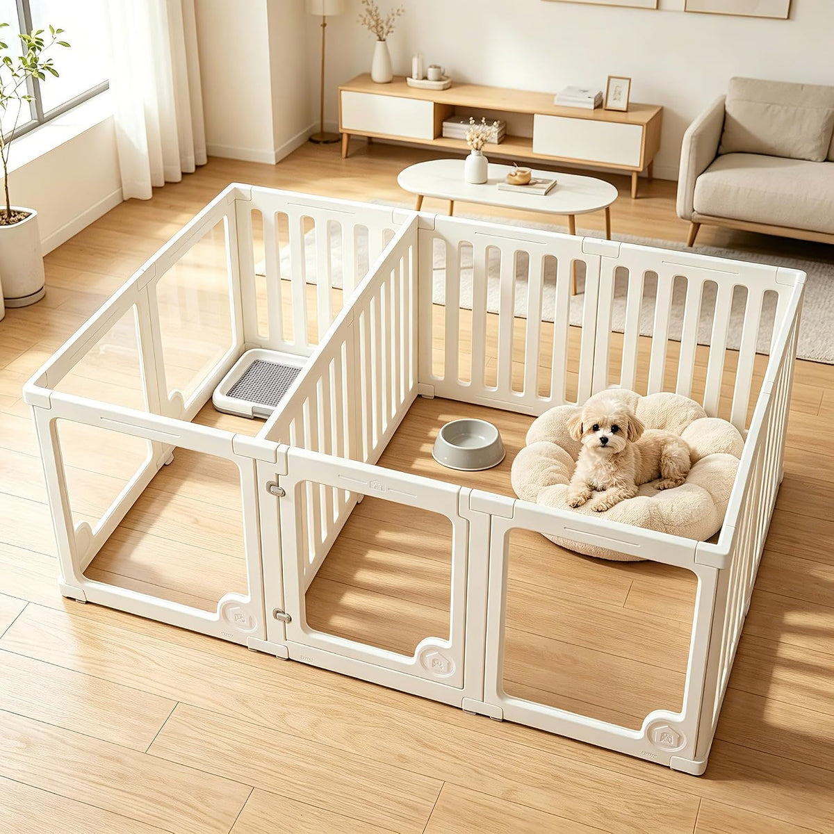 Clear acrylic 12-panel dog playpen with center divider forming two rooms