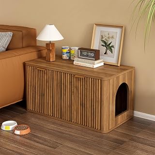 Roomfitters 32-Inch Cat Litter Box Enclosure Furniture, Mid-Century Modern Fluted Side Table, Walnut