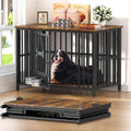 Rustic brown foldable wooden dog crate end table with bowls and name tag