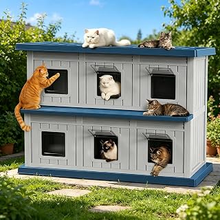 2-Tier Outdoor Cat House, Weatherproof Shelter with 6 Doors and Ventilation, for Stray and Indoor Cats