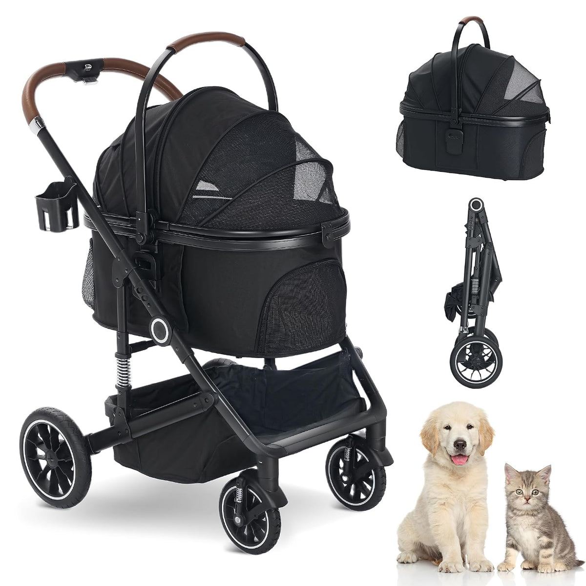Foldable pet stroller with detachable carrier, canopy and storage basket – view 2
