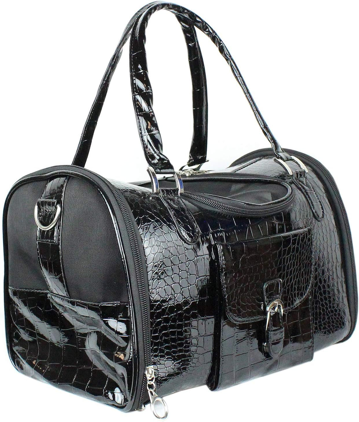 Black handbag-style dog carrier purse with golden chain strap – view 3