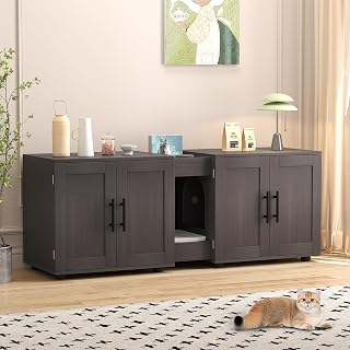Garvee 55 Inch Cat Litter Box Enclosure for 2 Cats, Hidden Furniture with Scratch Pad, Wooden TV Stand Side Table, Walnut