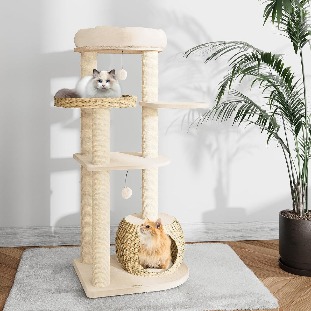 Modern cat tree with hand-woven condo and sisal scratching posts