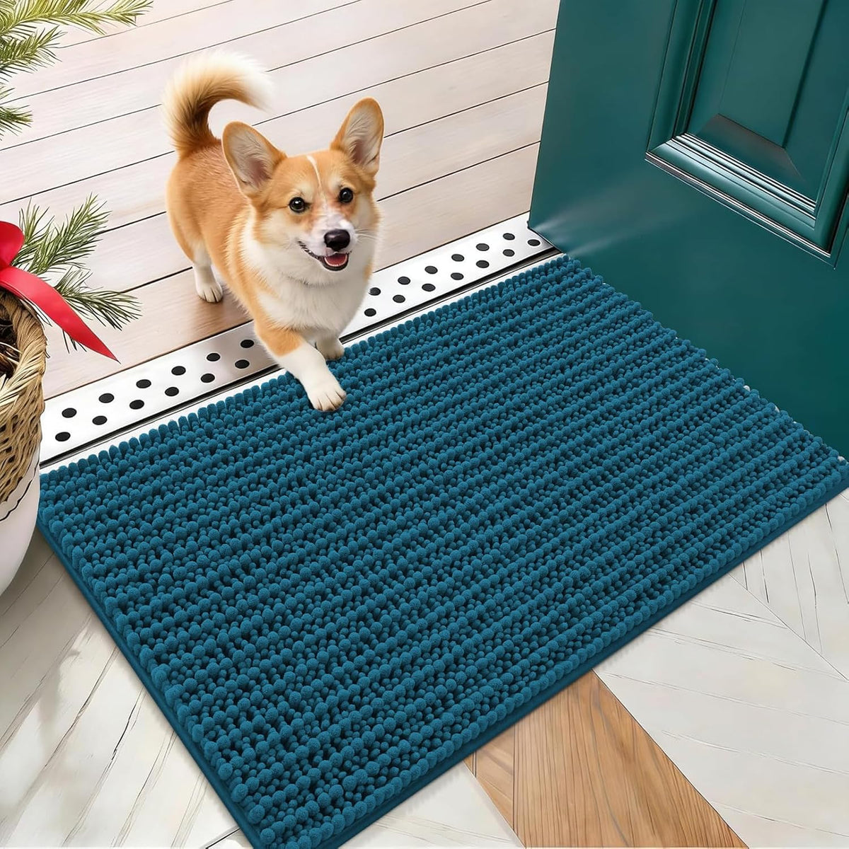 Atlantic blue chenille dog mud mat inside a front door