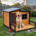 Insulated wooden outdoor dog house with elevated floor in a backyard