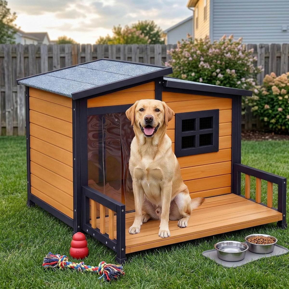 Insulated wooden outdoor dog house with elevated floor in a backyard