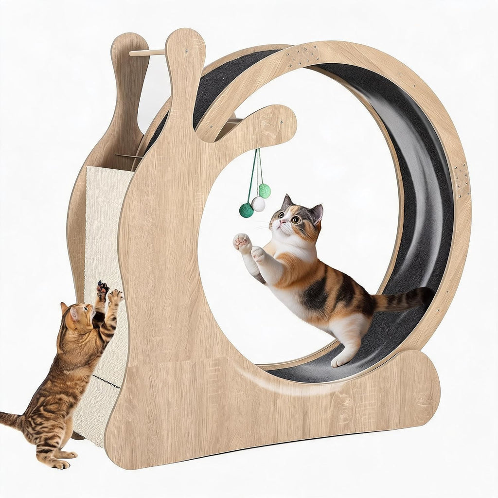 Natural 45-inch wooden cat exercise wheel with carpeted track